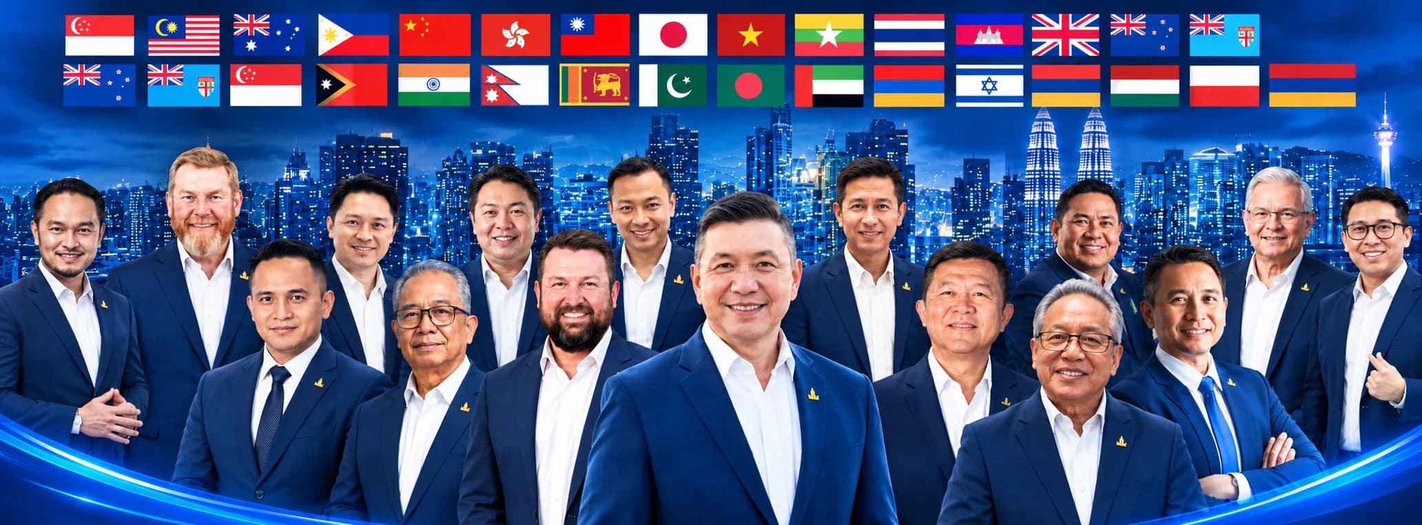 FGBMFI leaders from many nations standing together beneath their national flags, with a city skyline behind them